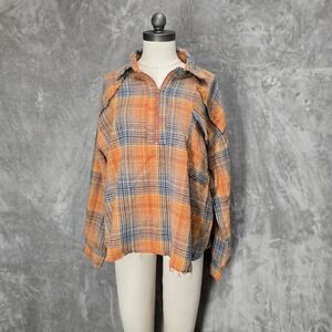 POL Women M Plaid Qtr Zip Long Sleeve Shirt Shacket Orange Blue Oversized Frayed